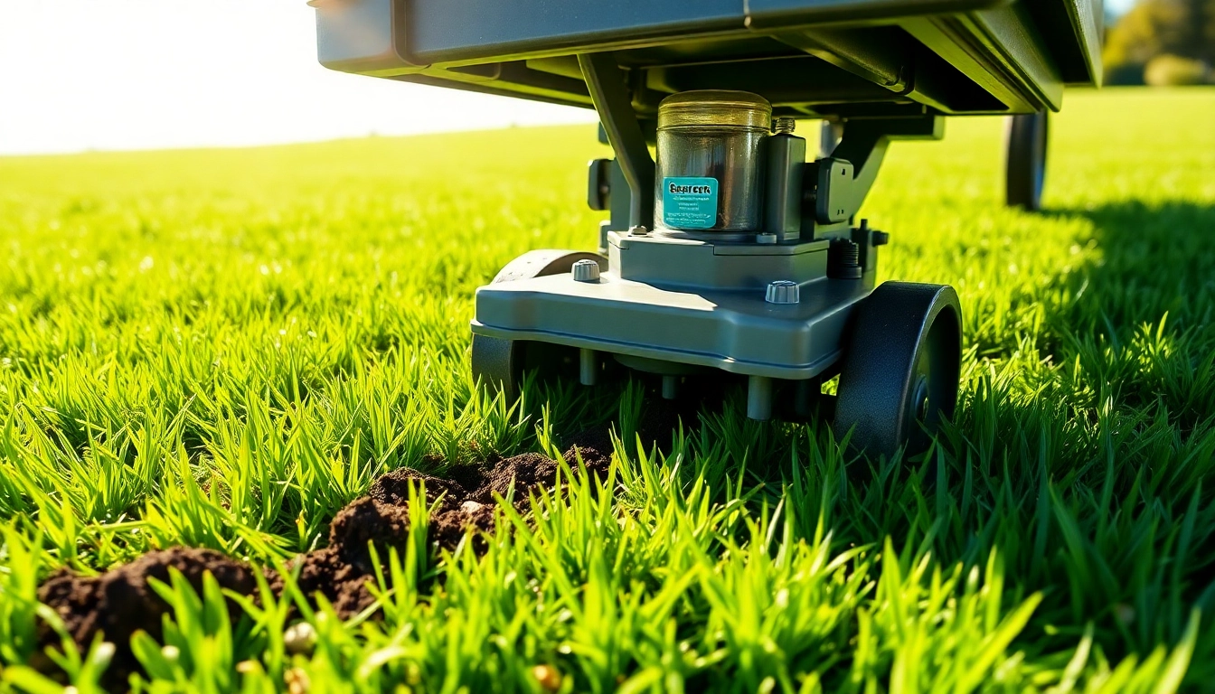 Core aeration process demonstrating a lawn aerator working on lush grass, with soil plugs visible on the ground.