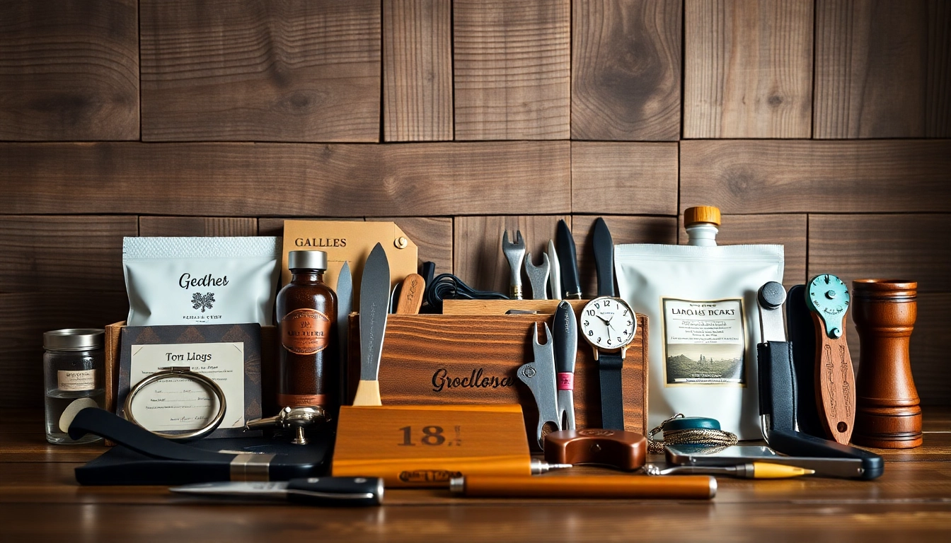 Showcase cheap groomsmen gifts featuring personalized flasks and unique tools on a rustic wooden surface.