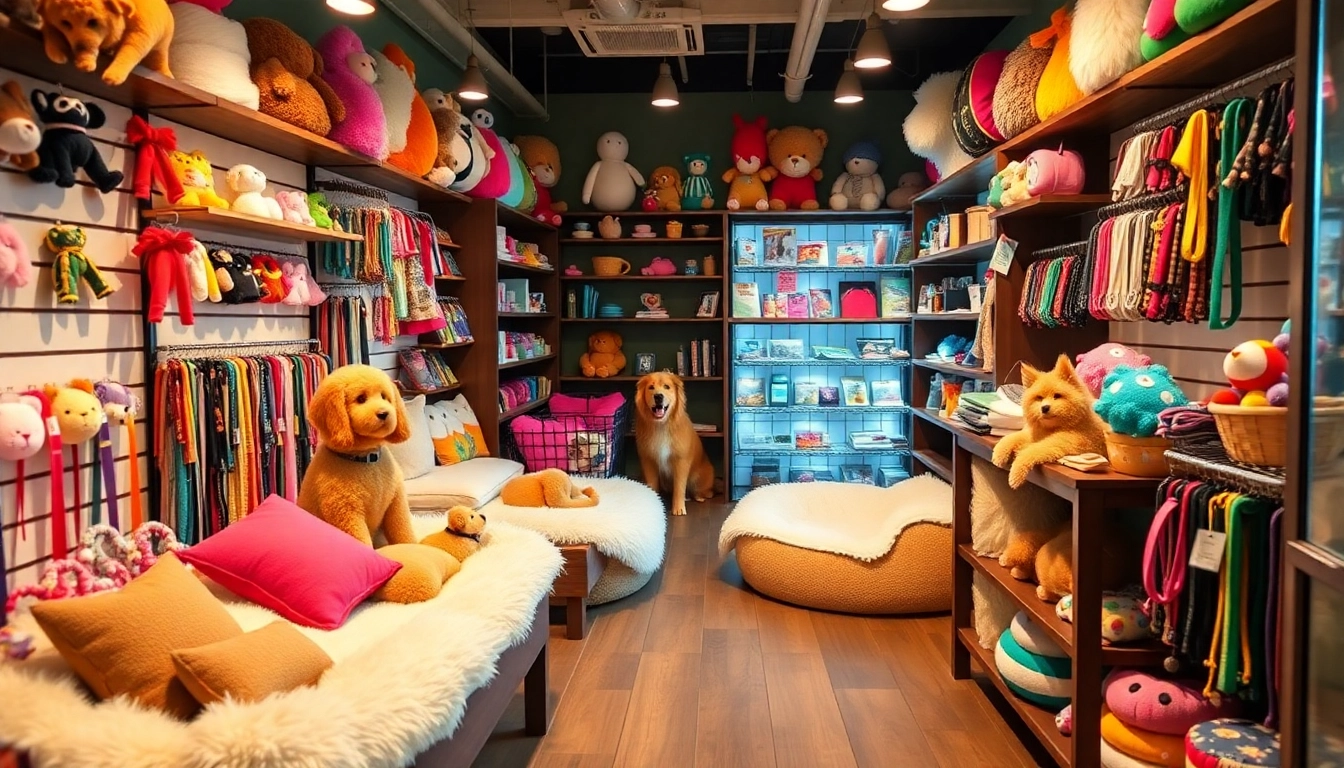 Stylish pet accessories displayed in a cozy shop, including colorful collars and toys for pets.