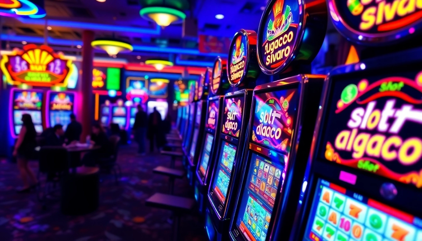 Players engaging with slot gacor machines, illuminated by neon lights, capturing the thrill of potential big wins.