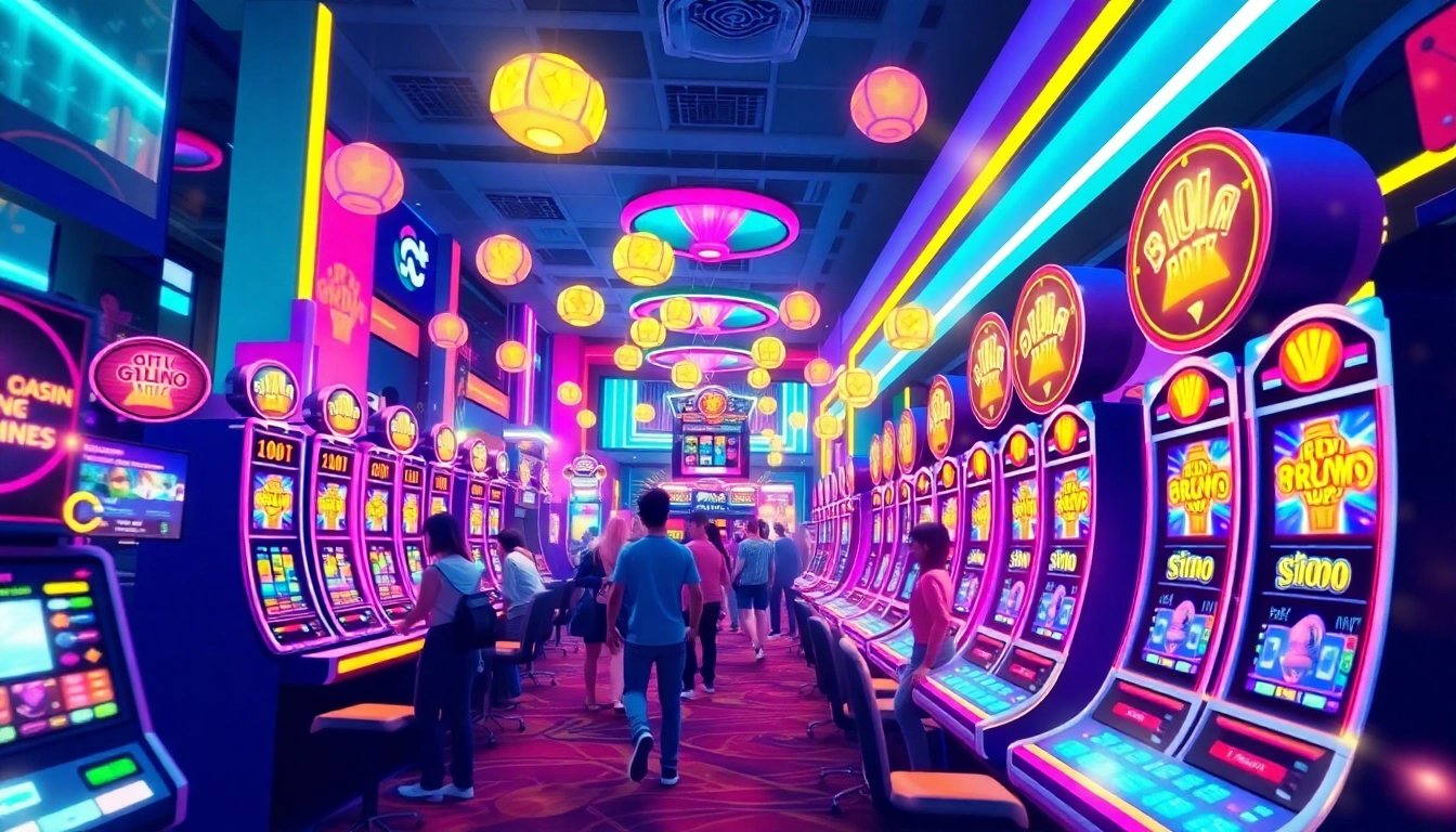 Spin thrilling เกมสล็อต reels with vibrant graphics and excitement glowing in a modern casino setting.