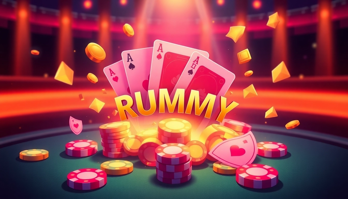 Experience rummy wealth through an engaging digital scene showcasing playing cards and vibrant graphics.