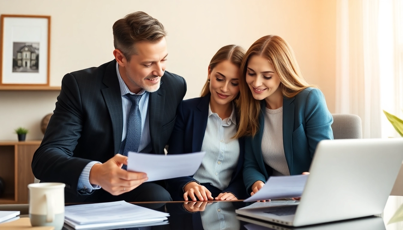 Broker explaining the mortgage process for brokers with clients at a desk in a professional setting.