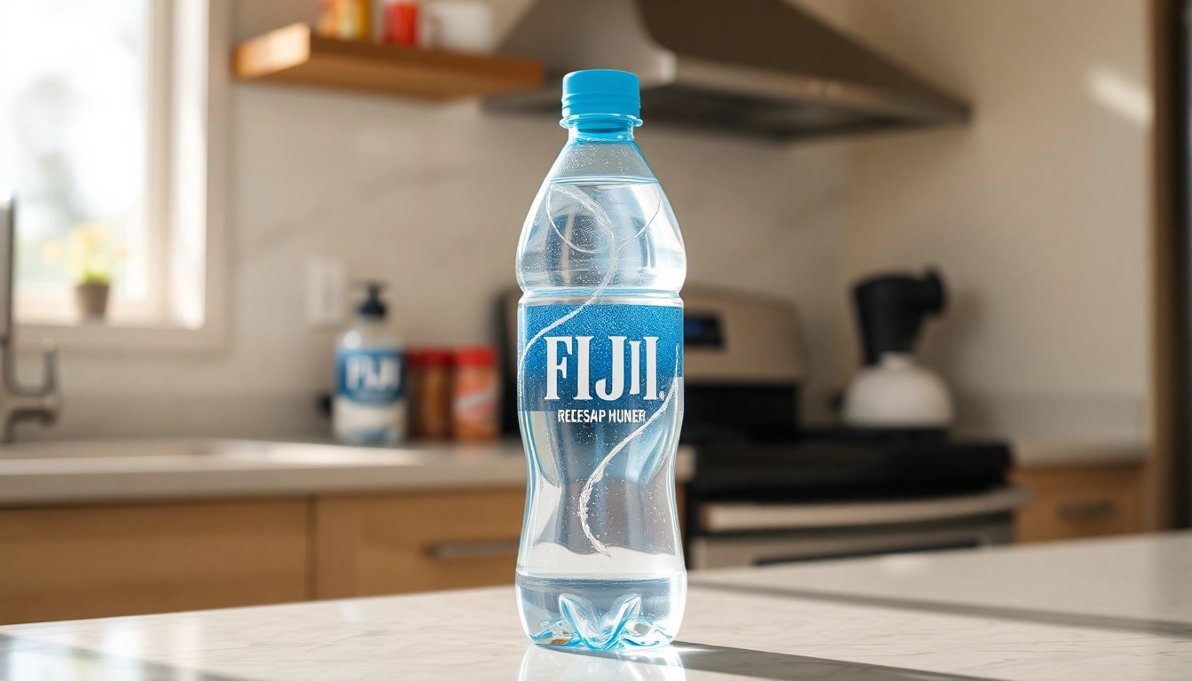 Highlighting fda recalls fiji water, a Fiji bottle sits on a counter, representing the important recall information.