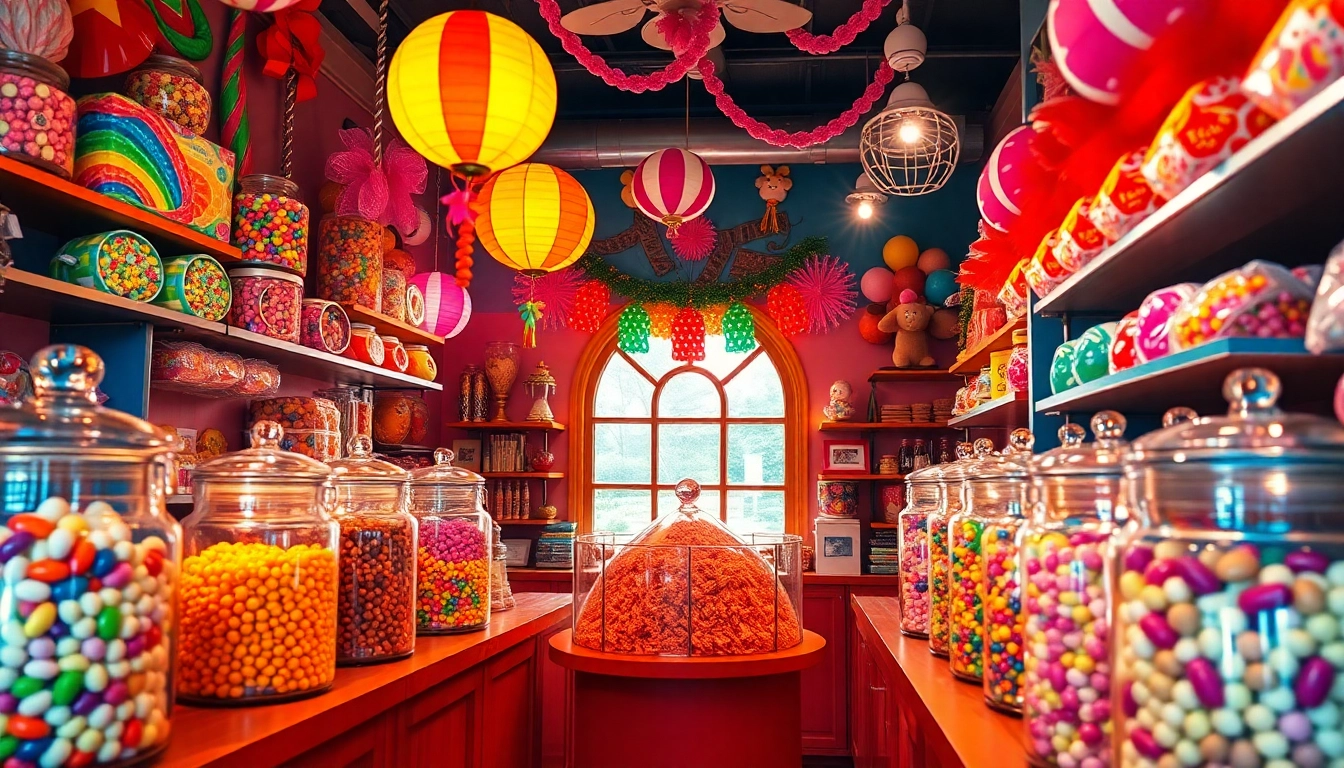 Explore the delightful assortment at this candy store near me, featuring colorful jars and cheerful decorations.