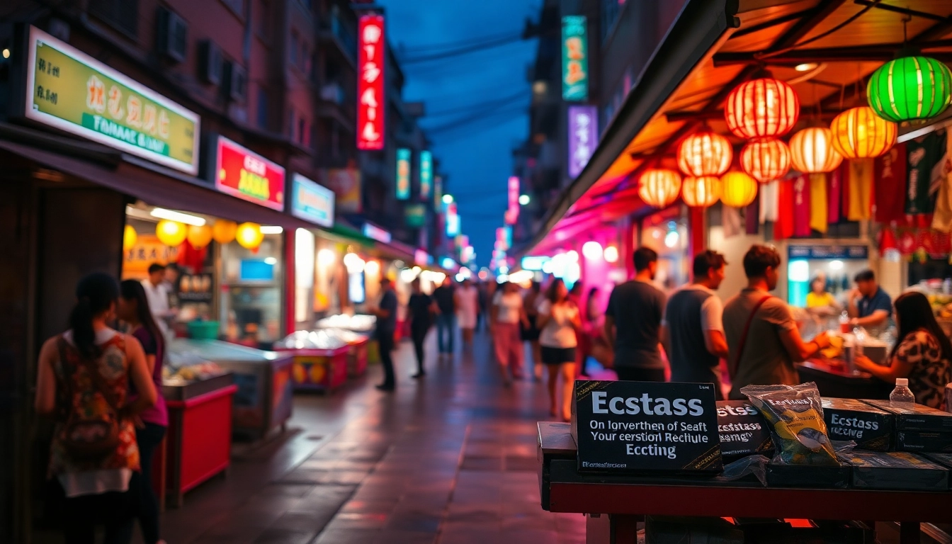 Buy Ecstasy in a lively market environment, featuring colorful displays and engaging atmosphere.