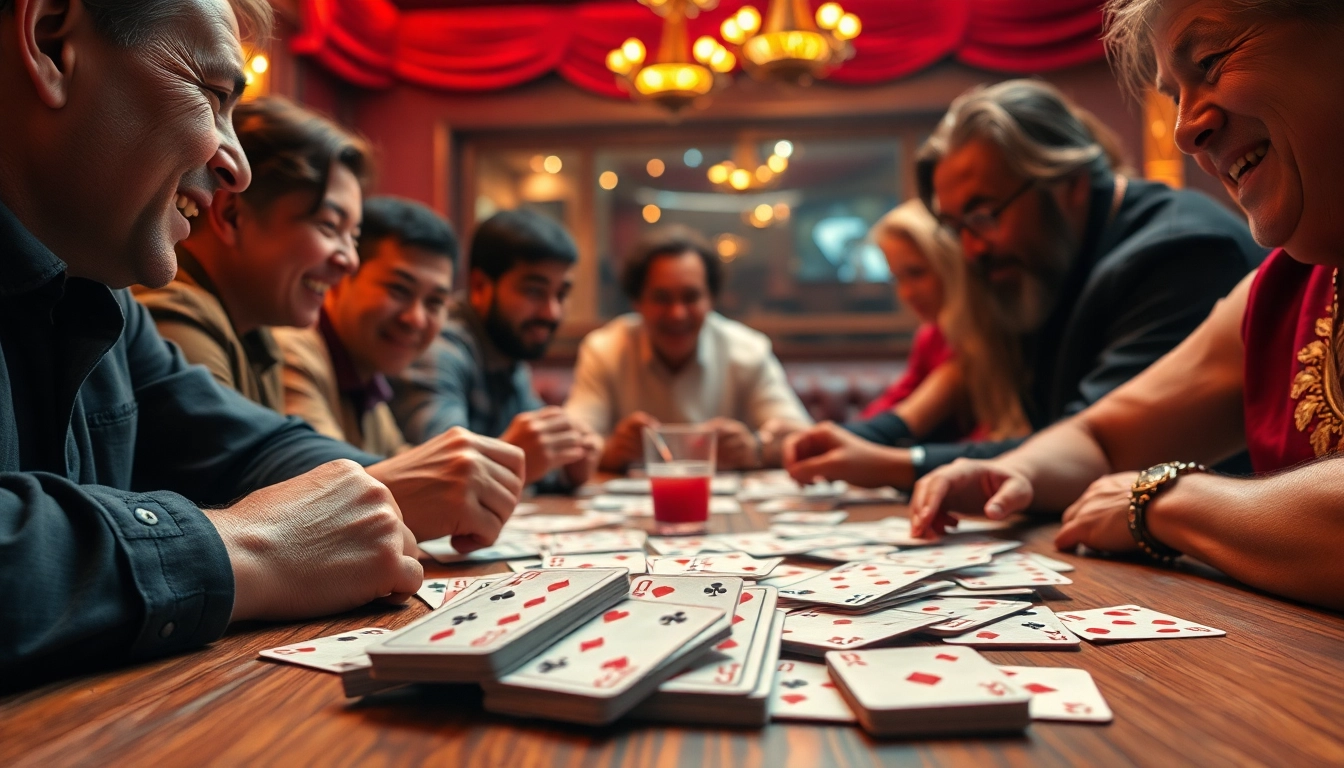 Players enjoying a competitive game of rummy wealth with intricate cards on display.