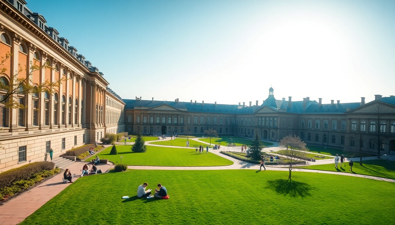 Students engaging in Polonya'da Üniversite Eğitimi on a sunny Polish university campus, surrounded by greenery.