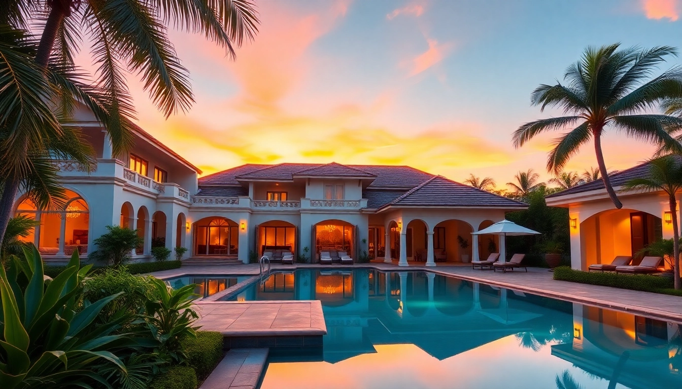 Showcasing villa sales with a luxury villa featuring a pool and exotic landscaping.