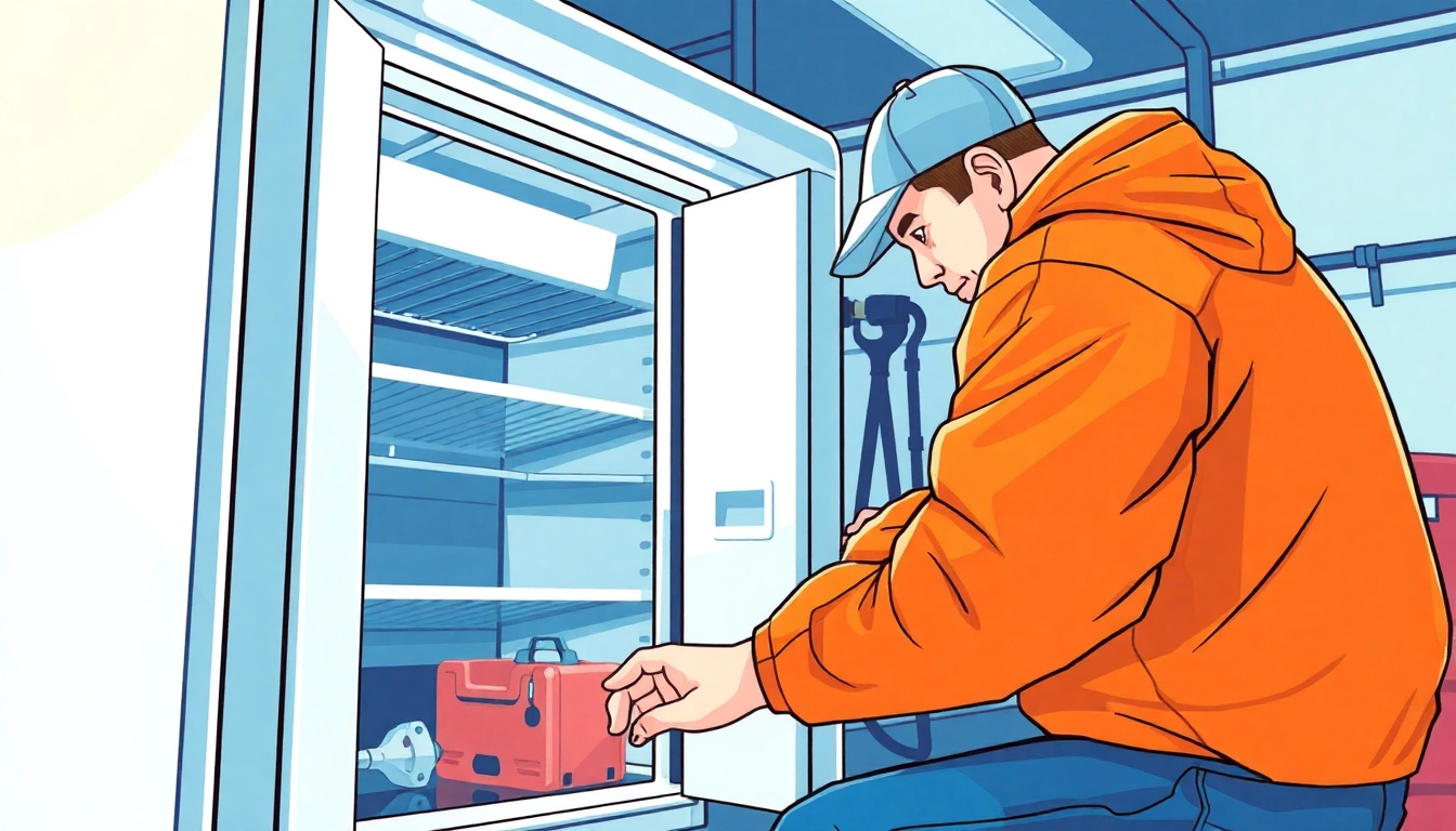 Technician performing walk in freezer repair with tools in a commercial setting.