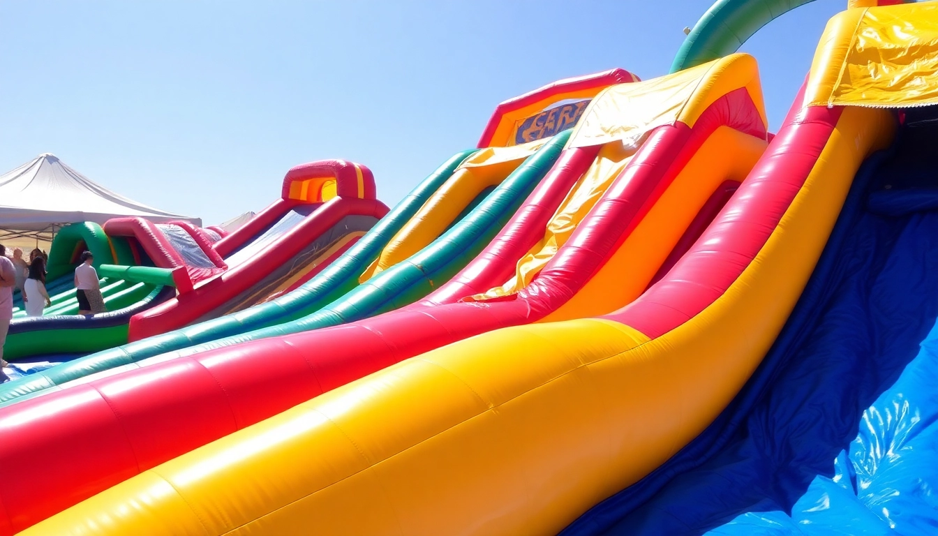 Children enjoying a vibrant slide rental at an outdoor event, filled with laughter and excitement.