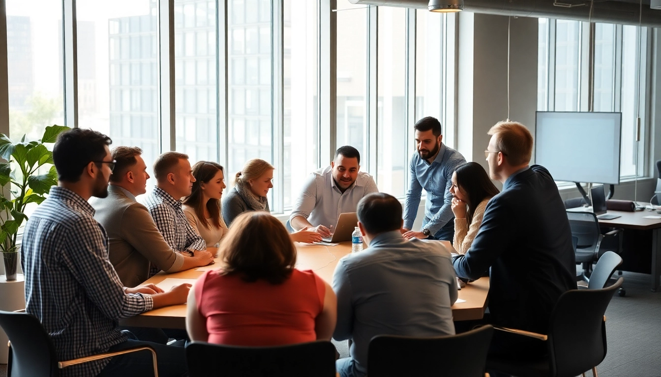 Collaborative think tank session featuring diverse individuals brainstorming ideas in a modern workspace.