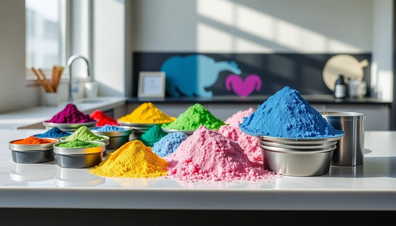 Explore powder coating samples showcasing vibrant colors and textures on a modern countertop display.