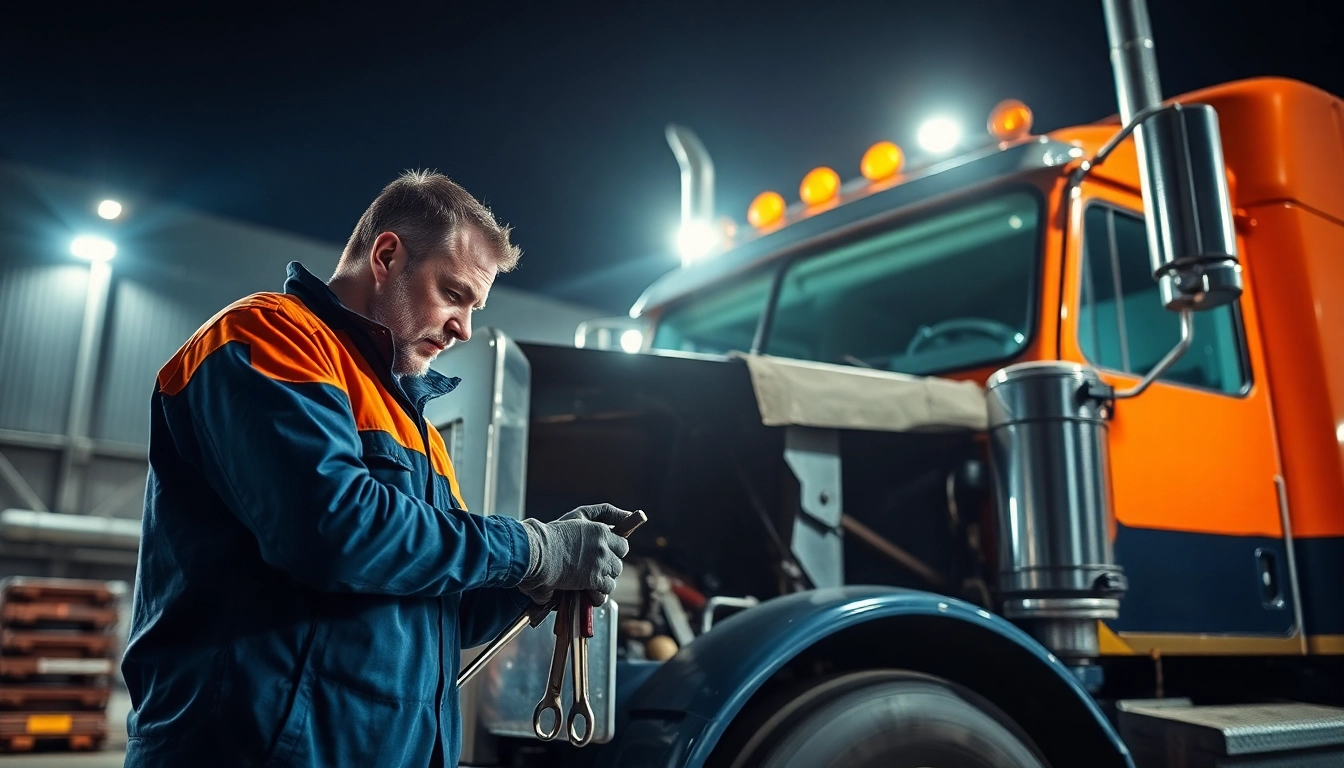 Providing 24/7 emergency truck repair service by a skilled technician under bright lights.