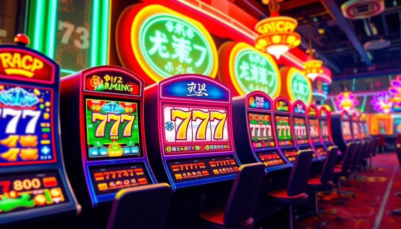 Spin the สล็อต777 slot machines in a dazzling casino environment with vibrant colors and neon lights, inviting excitement.