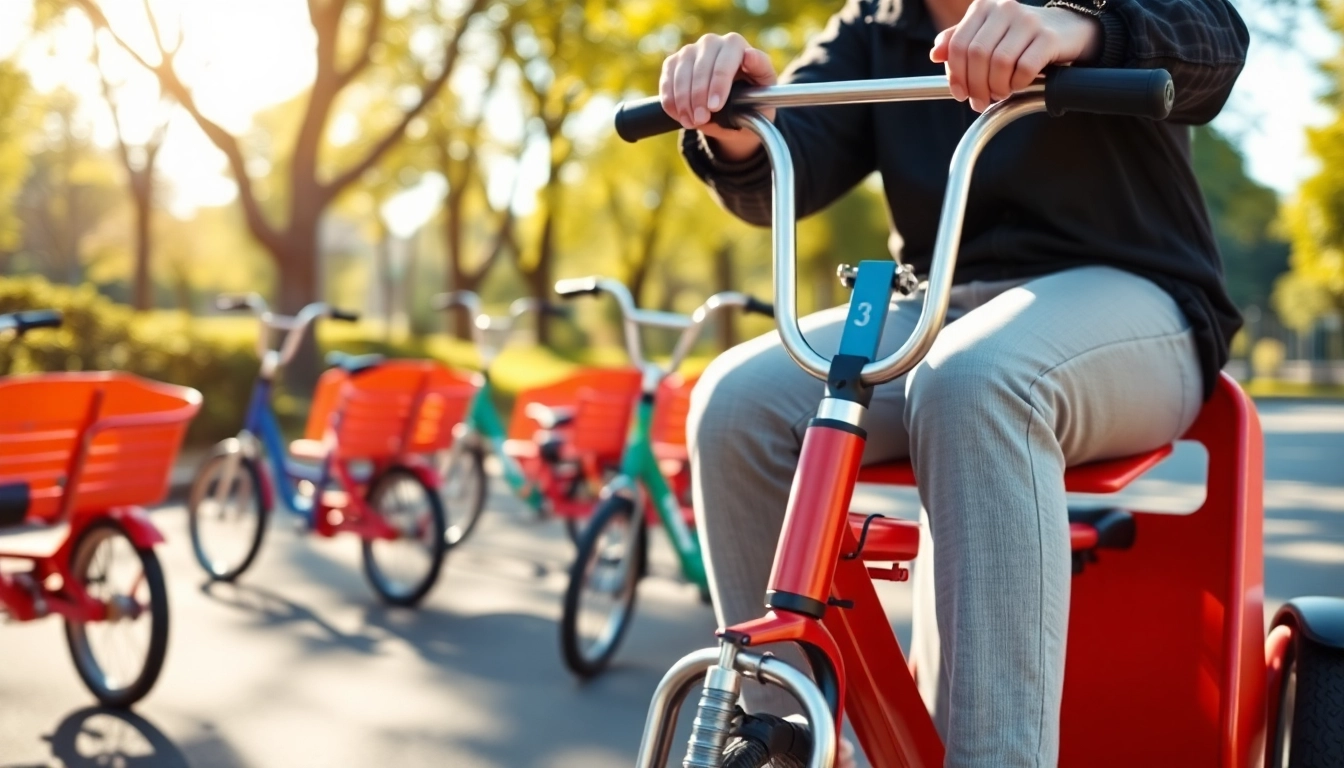 Riding adult tricycles through a sunny park, emphasizing comfort and enjoyment.