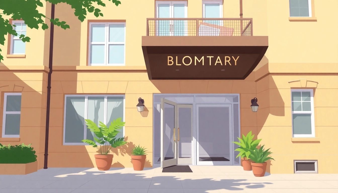 Experience elegant architecture at Bloomsbury Residences with inviting entrance and warm colors.