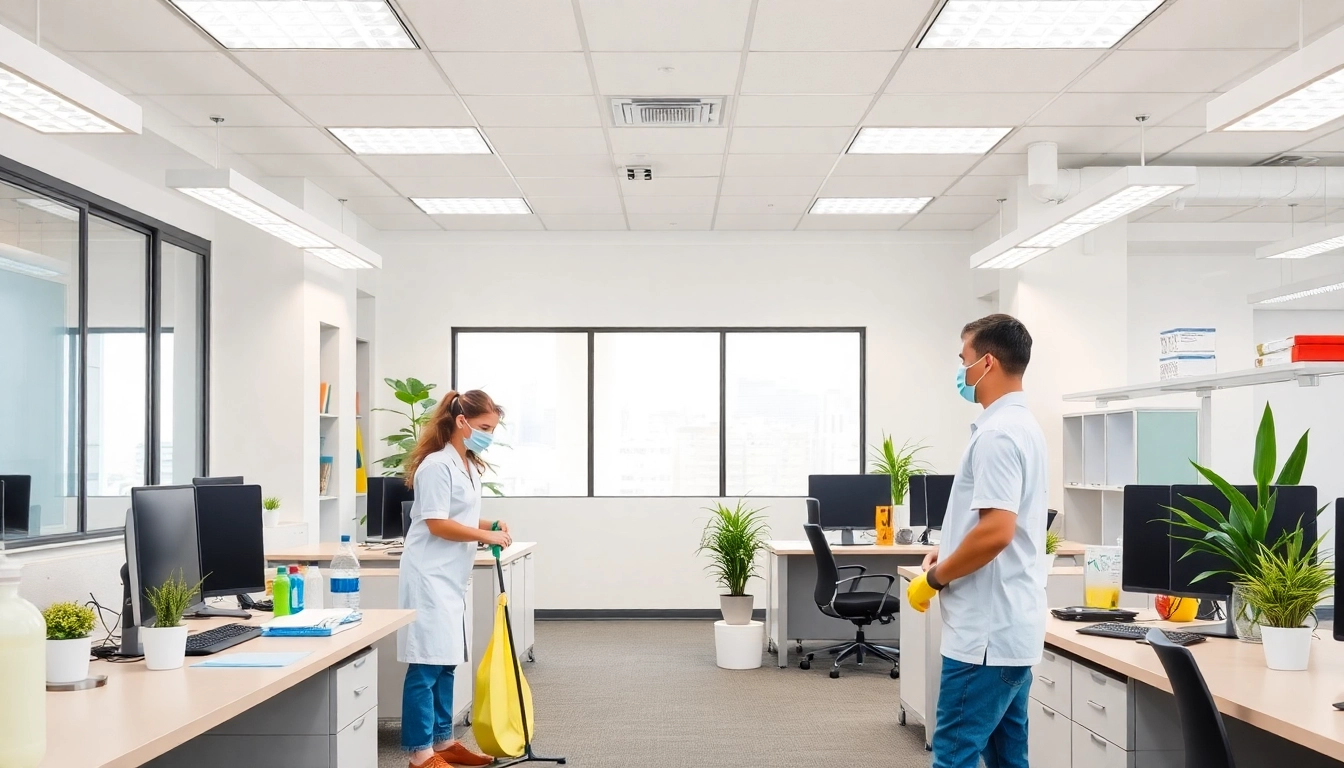 Professional team delivering Jacksonville commercial cleaning services in a bright and tidy office setting.