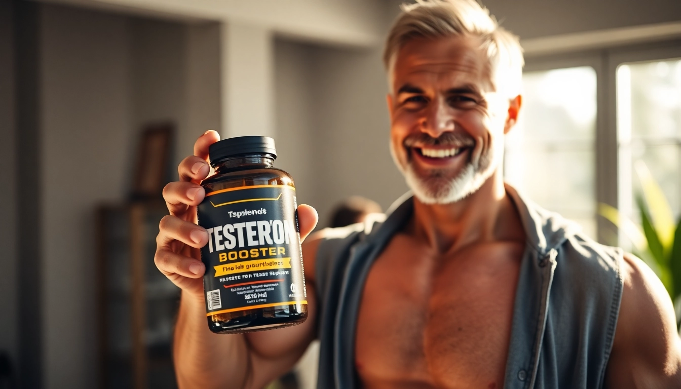 Showcase a fit man with Testosteron-Booster supplements, promoting health and vitality.