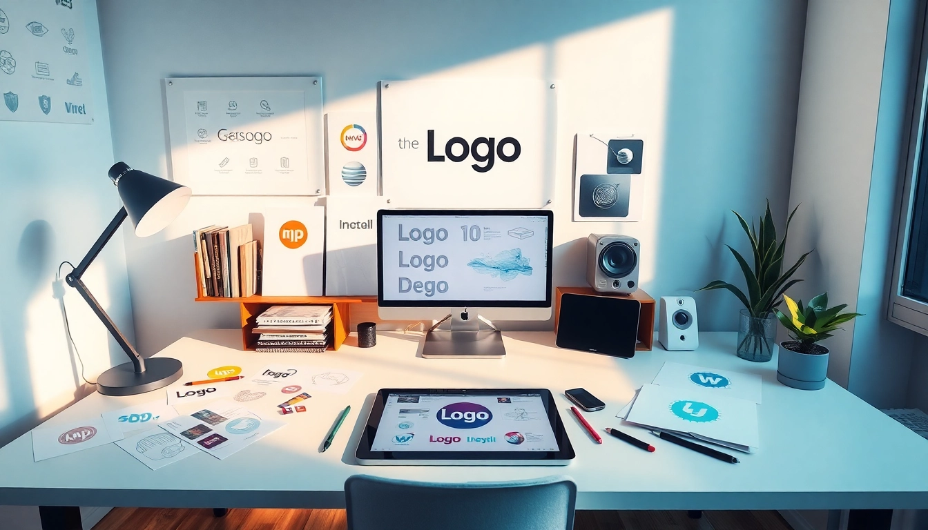 Create a unique Custom Logo Design actively on a bright workspace filled with sketches and digital tools.