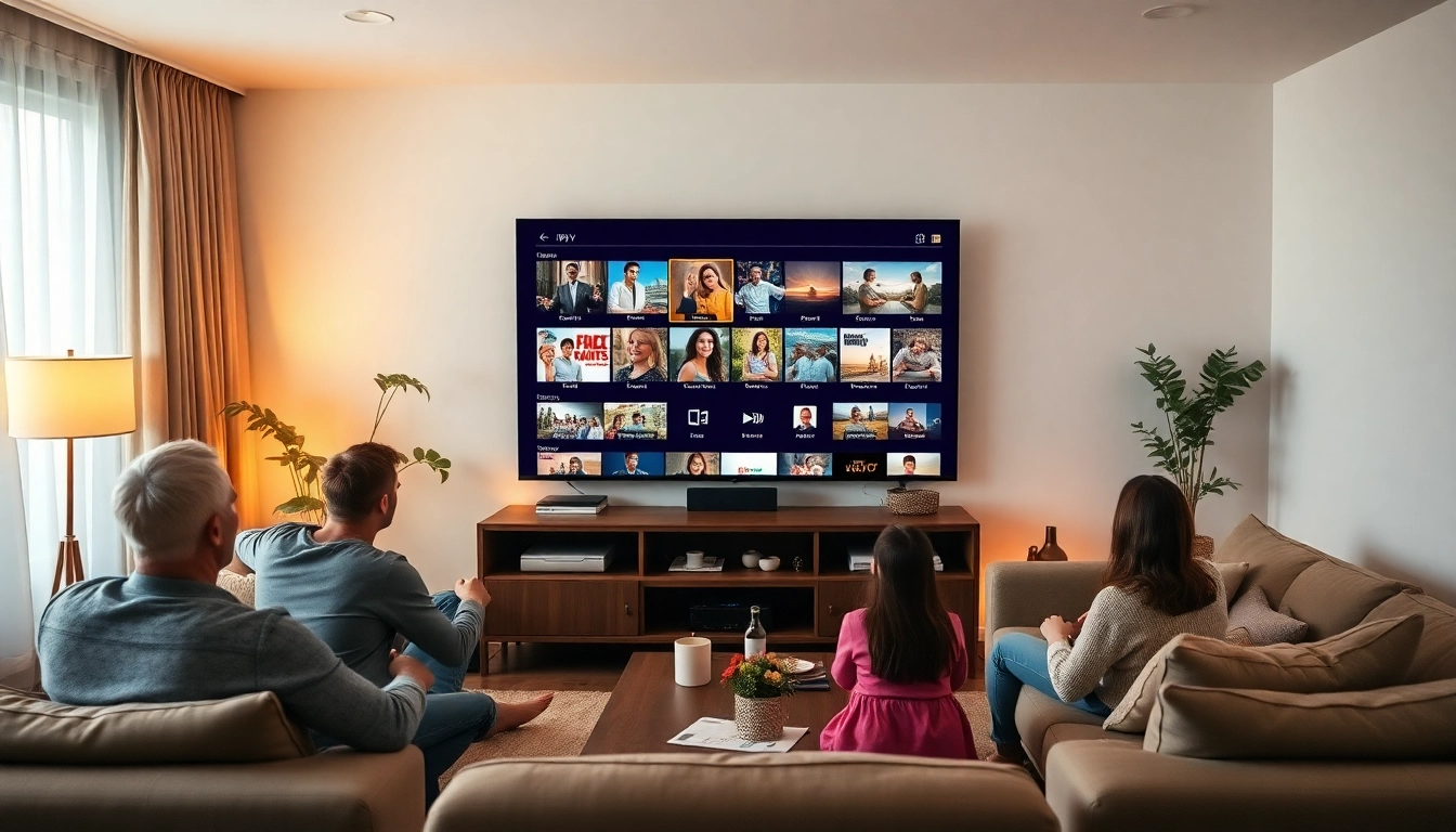 Try our free iptv trial and enjoy high-quality streaming with a family in a cozy living room.