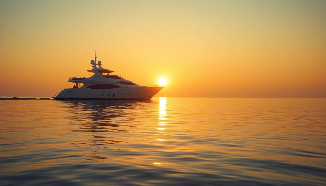 Yacht boat gracefully cruising across the sunset-lit ocean, showcasing its sleek design and elegance.