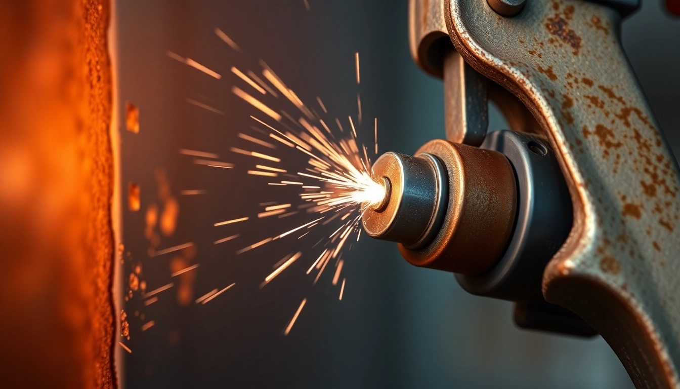 Needle gun effectively removing rust from a steel surface, highlighting durability and design.