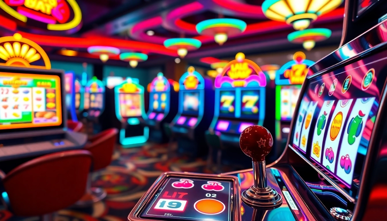 Coba slot demo menarik dengan mesin slot berwarna-warni di kasino.