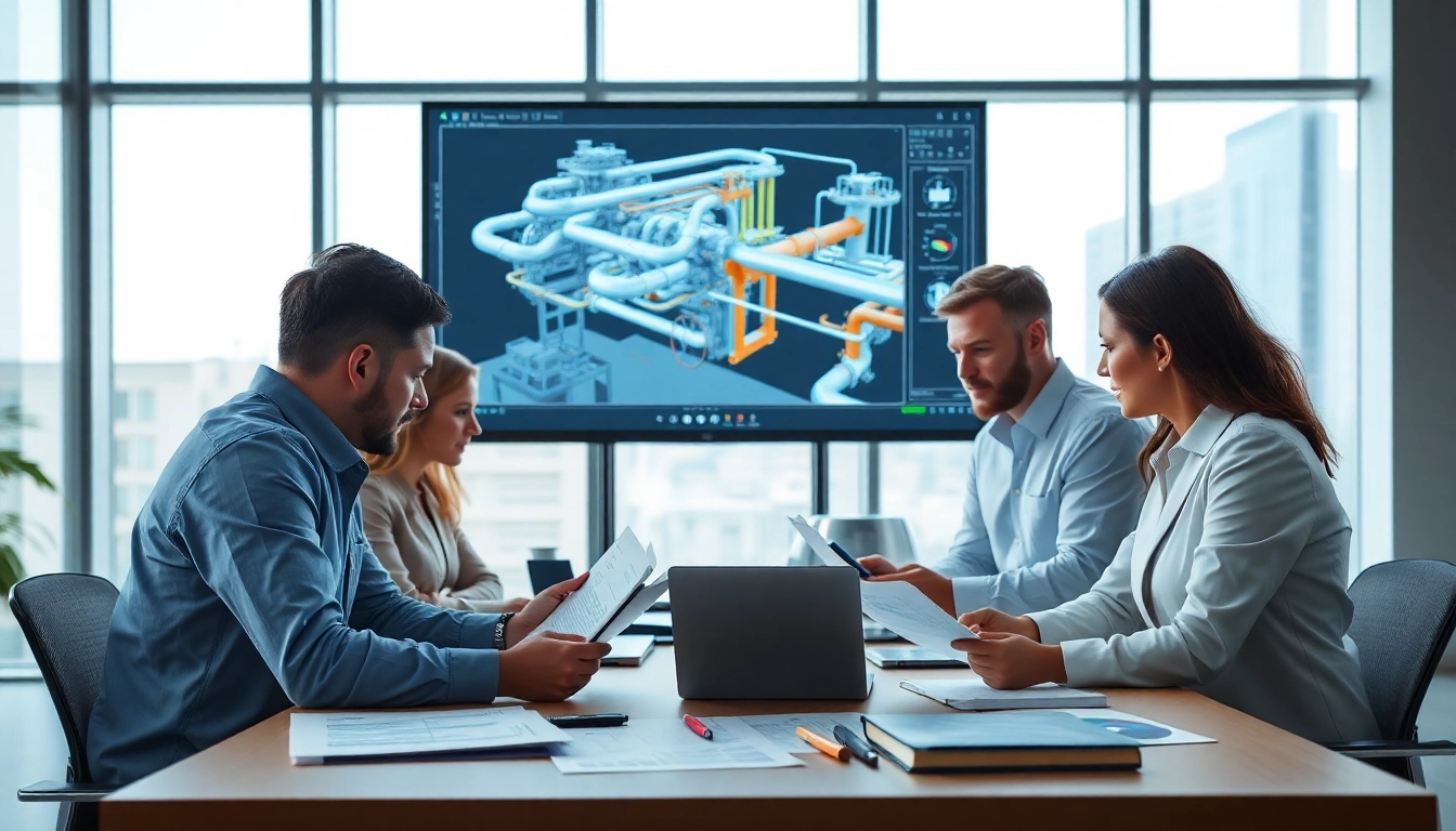 Piping stress analysis company team working collaboratively on engineering models in a professional office.