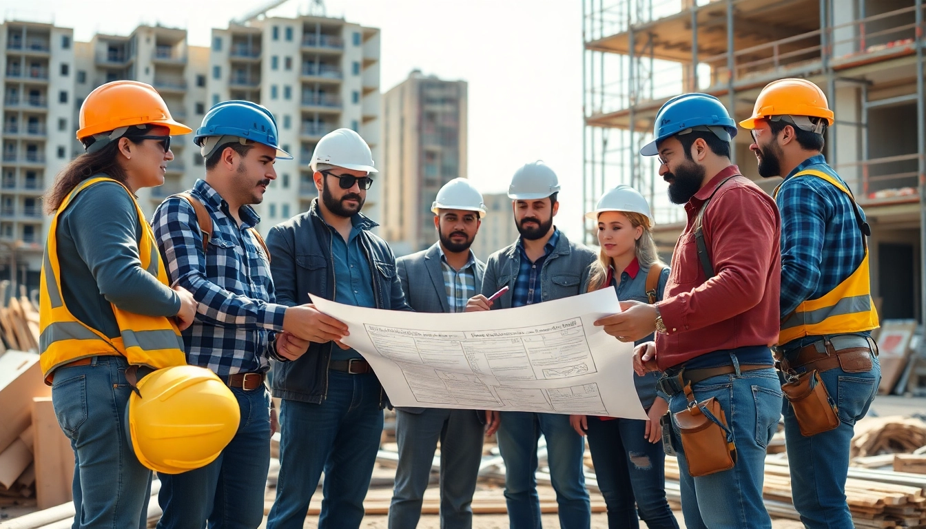 Southern California contractors association team planning a construction project with blueprints.