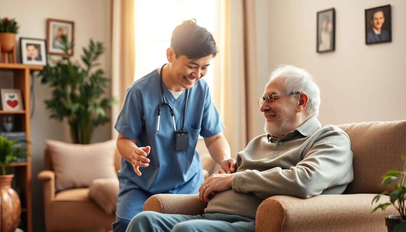 Austin senior home care service showcasing a caregiver helping an elderly client in a warm setting.