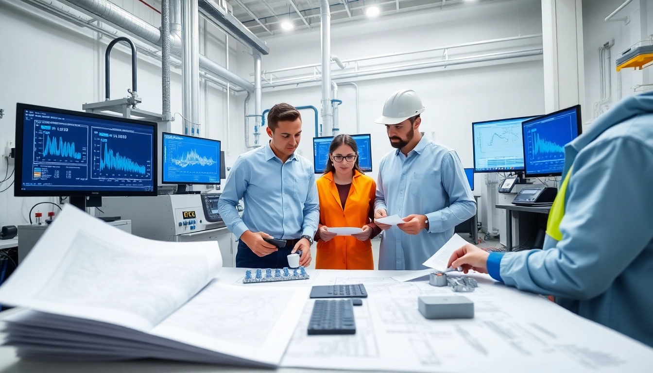 Piping stress analysis company team collaborating in a high-tech lab for detailed engineering evaluations.