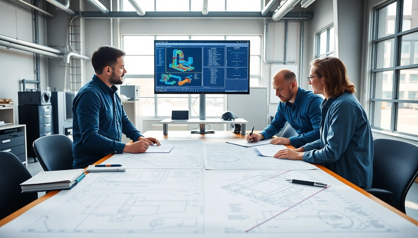 Collaborative session of a pipe stress company analyzing engineering designs and blueprints.