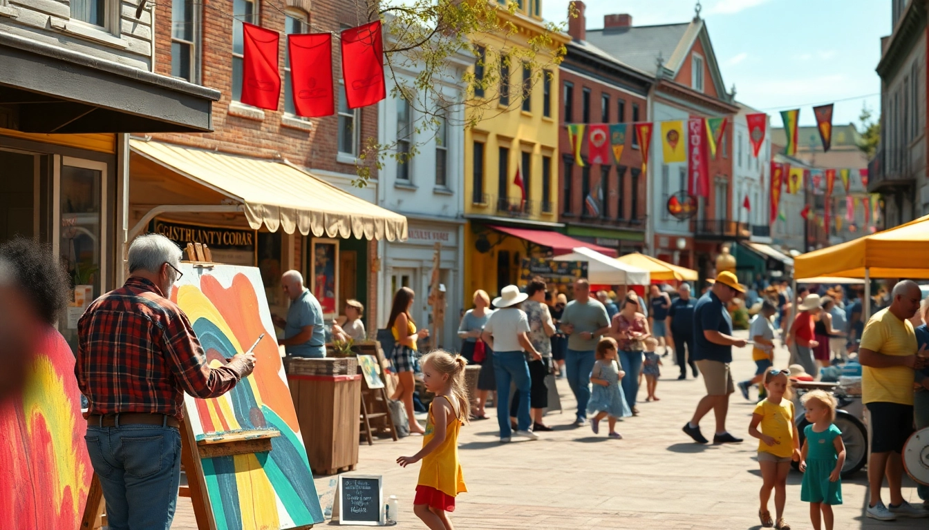 Clarksburg street festival bustling with community activities, artists, and food stalls.