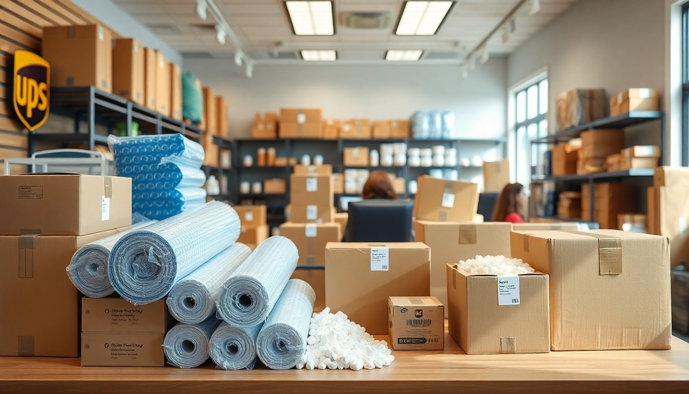 Packing materials prominently displayed in a UPS store, including boxes and bubble wrap.