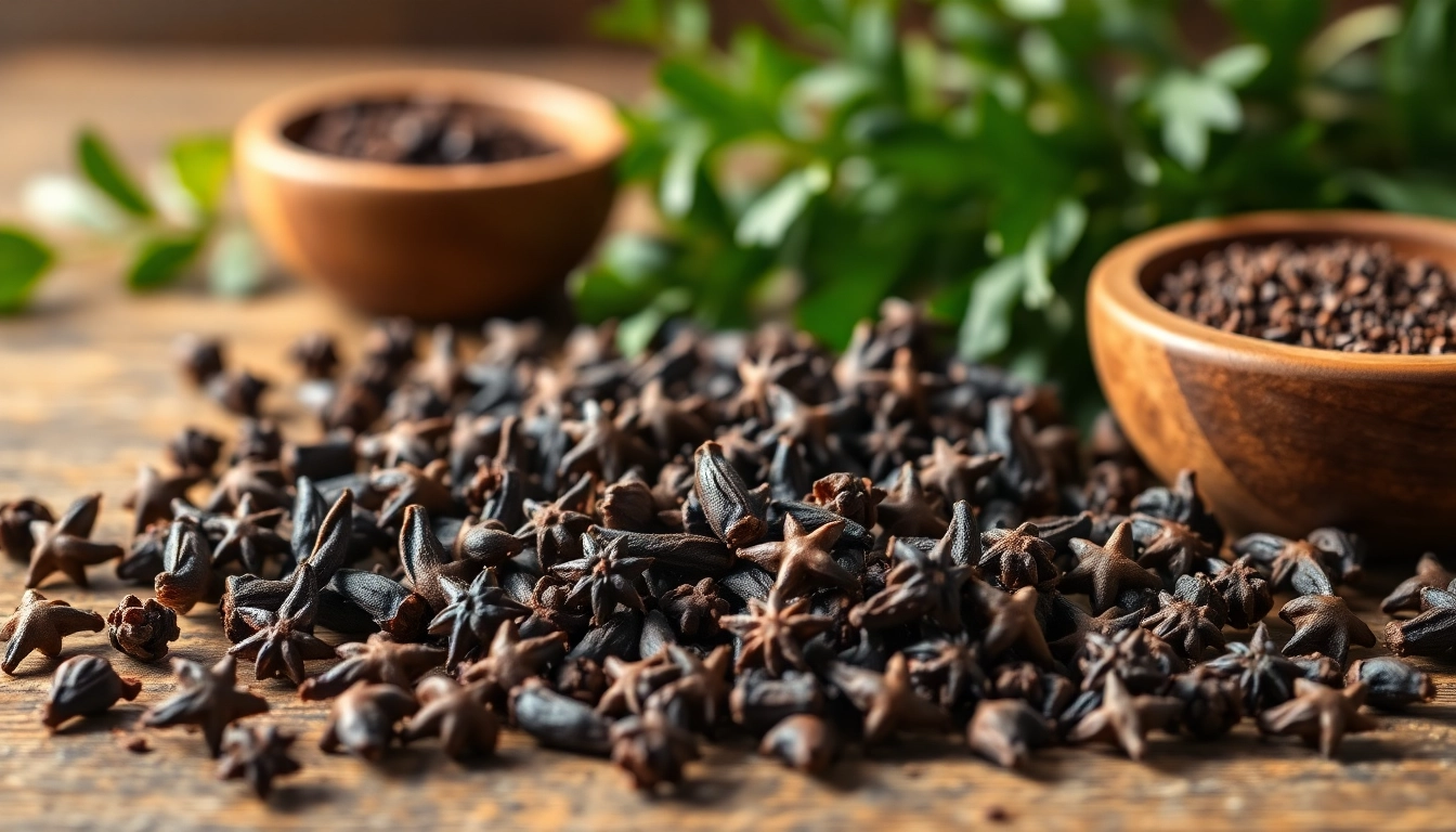 Cloves displayed elegantly on a rustic wooden table, showcasing their rich texture.