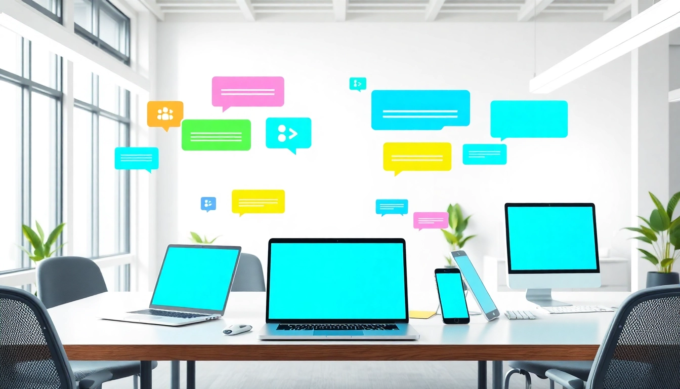 Engaging interface showcasing features of 纸飞机官网 with colorful devices in a modern workspace.