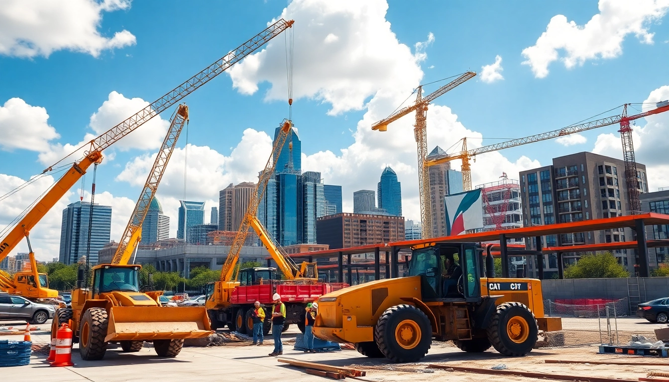Dynamic scene of austin construction showcasing machinery and workers at a bustling site.