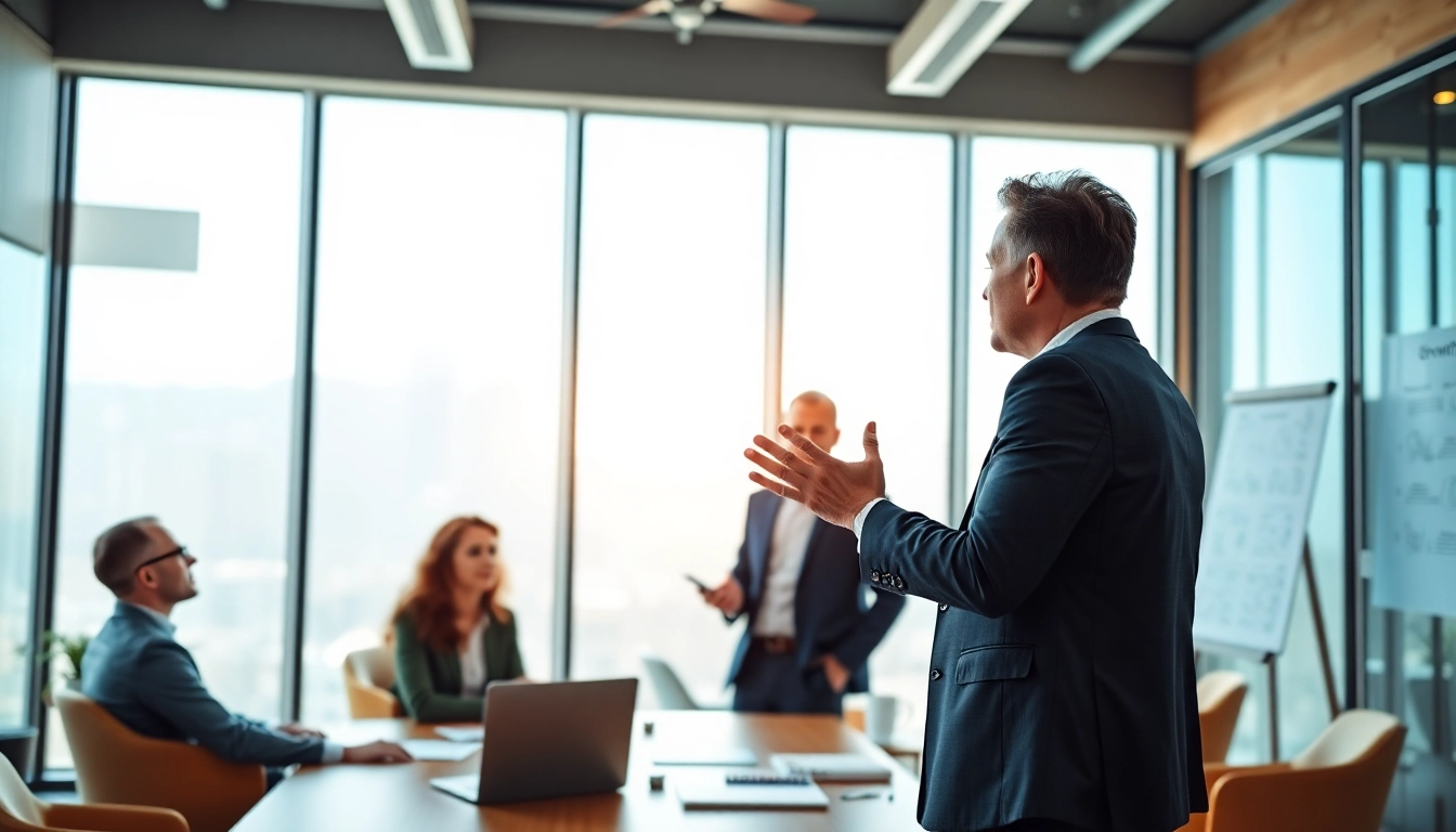 Engaging business coaching service interaction between a coach and diverse clients in a professional office.