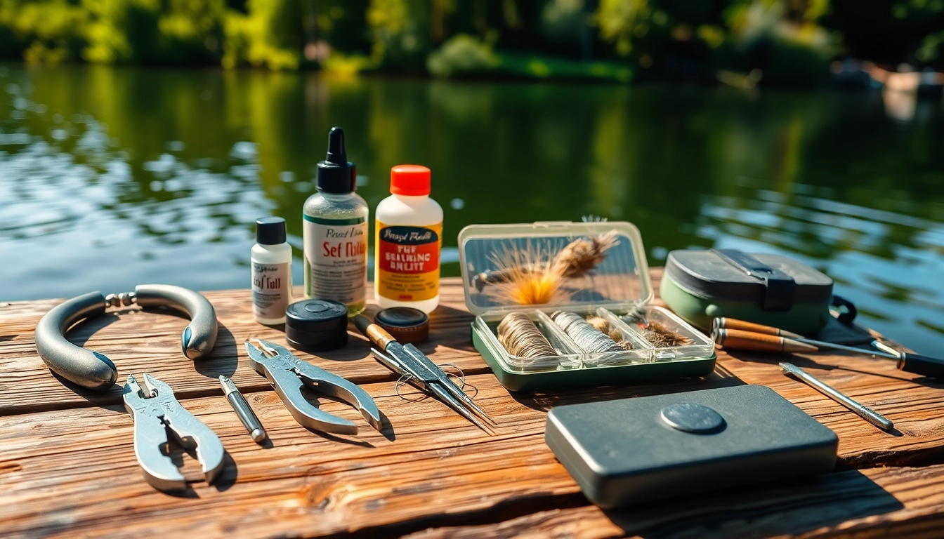 Showcase of fly fishing accessories including nippers and floatants arranged neatly on a wooden table.