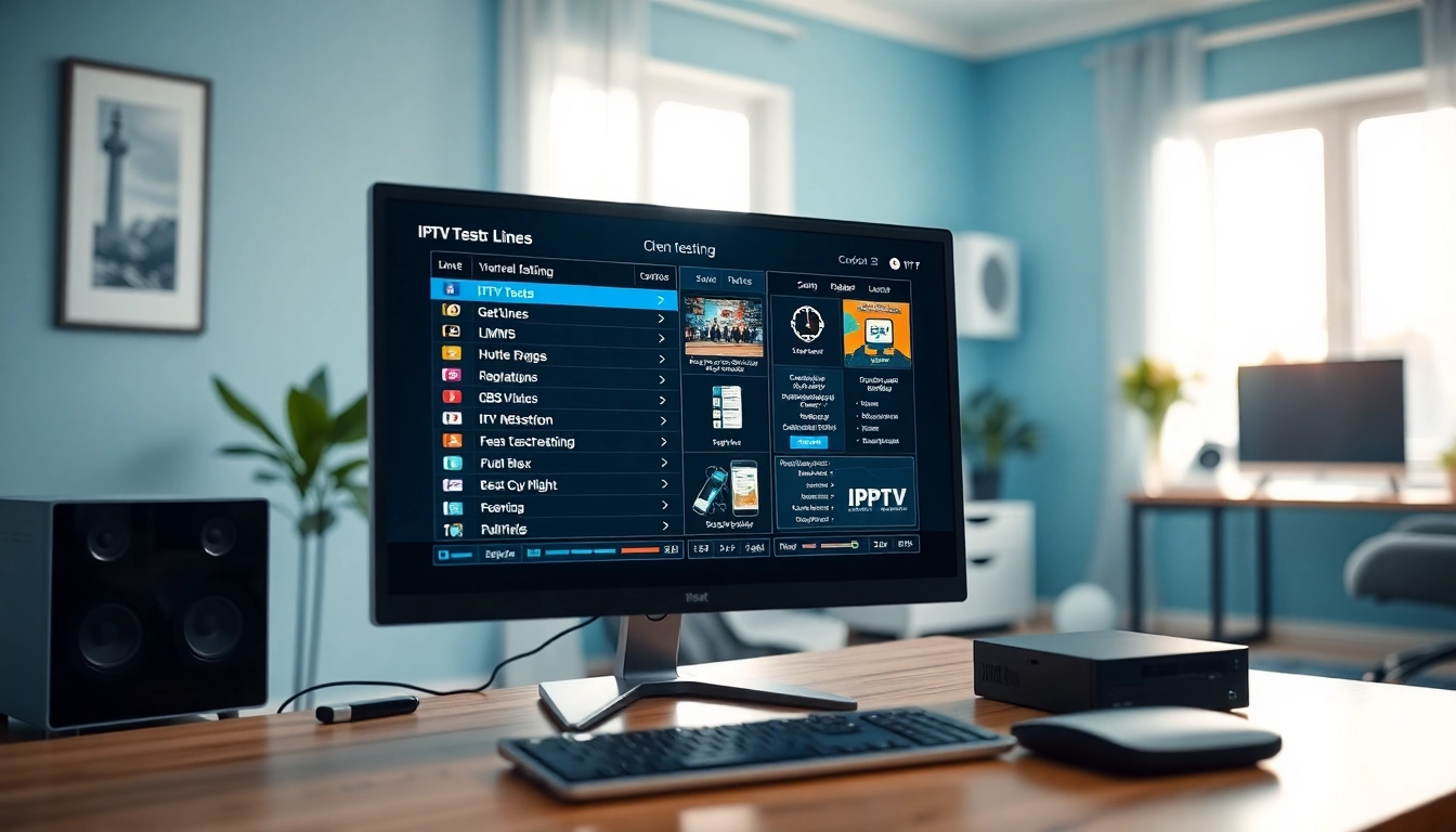 Visual representation of an IPTV test line setup in a modern workspace highlighting channel diagnostics.