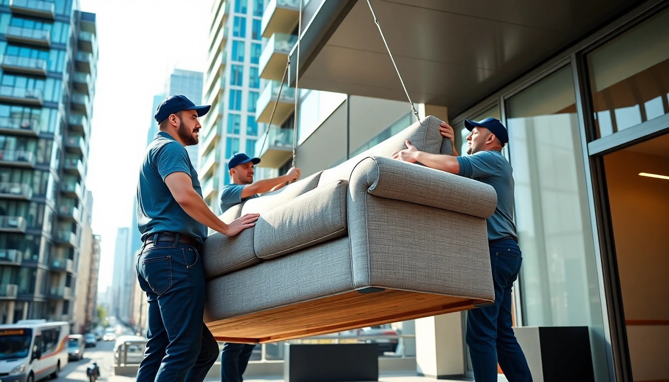 Efficient furniture removals London team expertly handling a sofa in a busy urban setting.