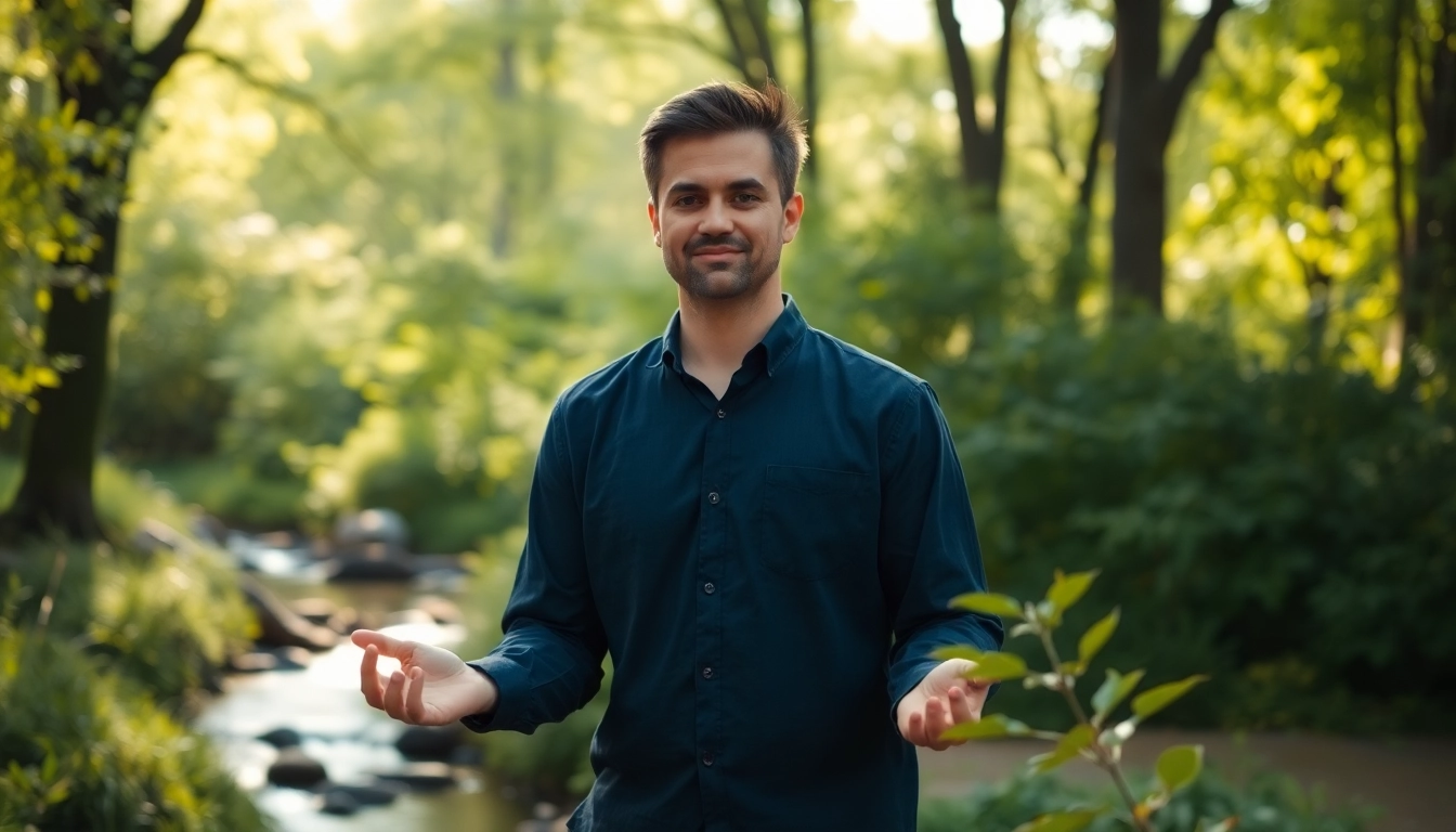 Mindfulness Coach UK practicing mindfulness in a tranquil natural environment