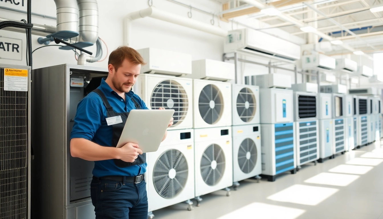 Skilled HVAC dealers demonstrating service on high-tech cooling units.
