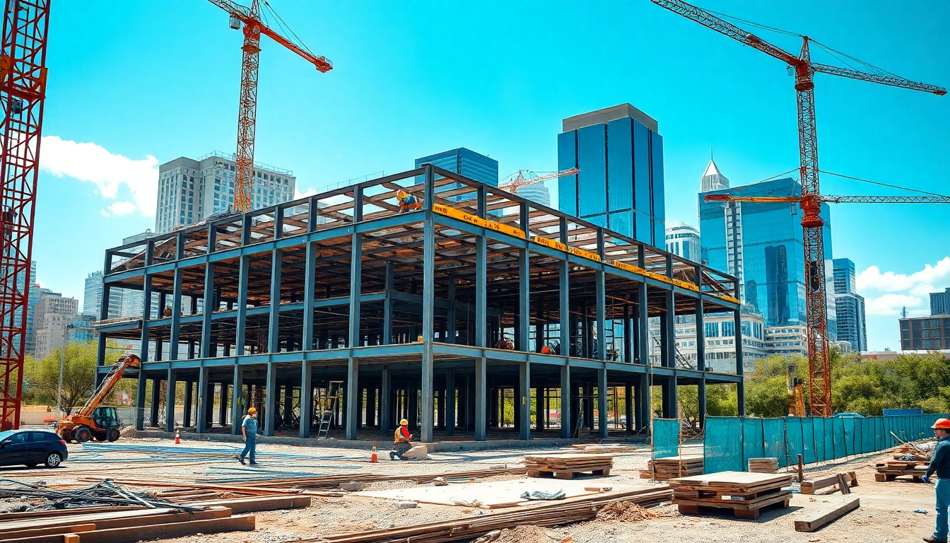 Austin construction site with workers collaborating, illustrating modern building techniques.