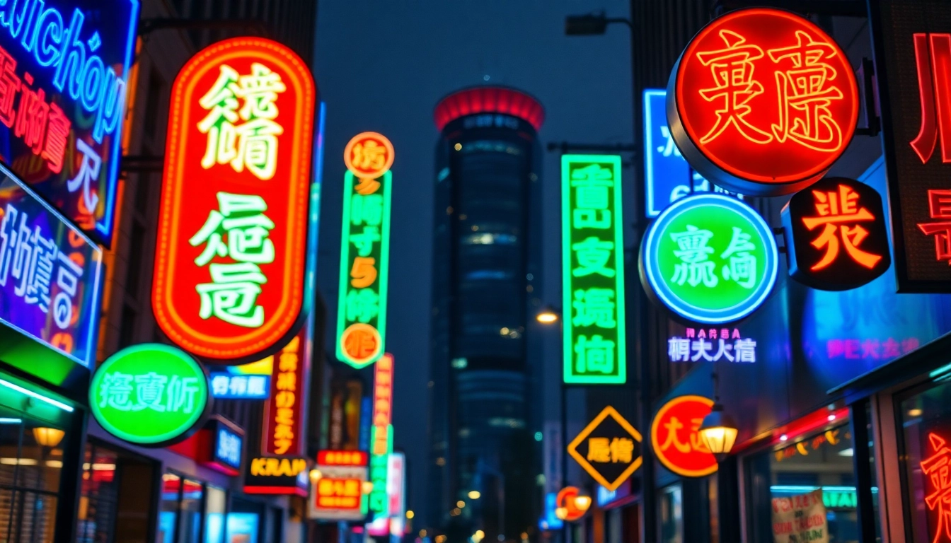 Brightly illuminated electrical signs showcasing vibrant designs in an urban setting.