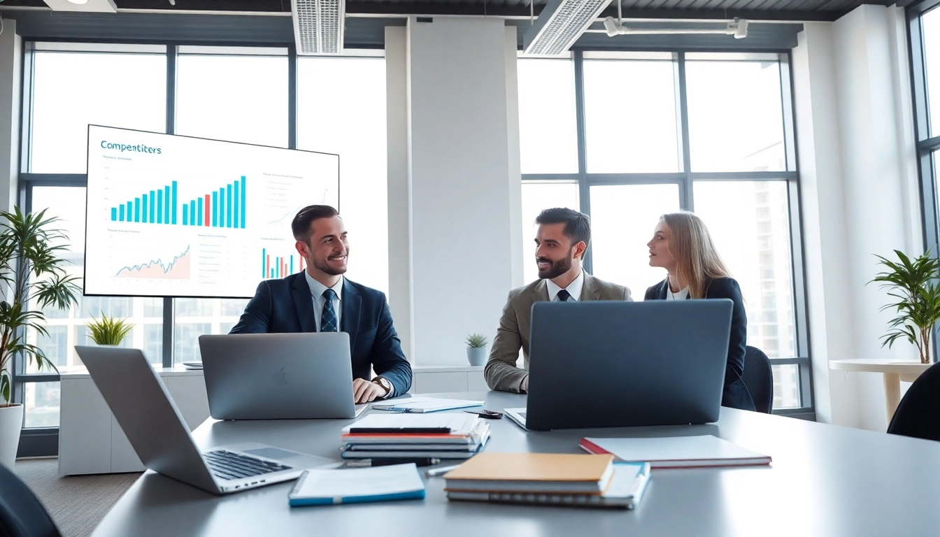 Conducting a detailed competitor analysis in a bright office environment with charts.
