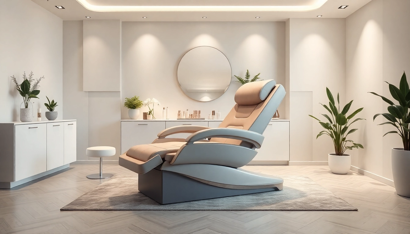 Elegante liege für Kosmetik in einem modernen Behandlungsraum, umgeben von beruhigenden Elementen.