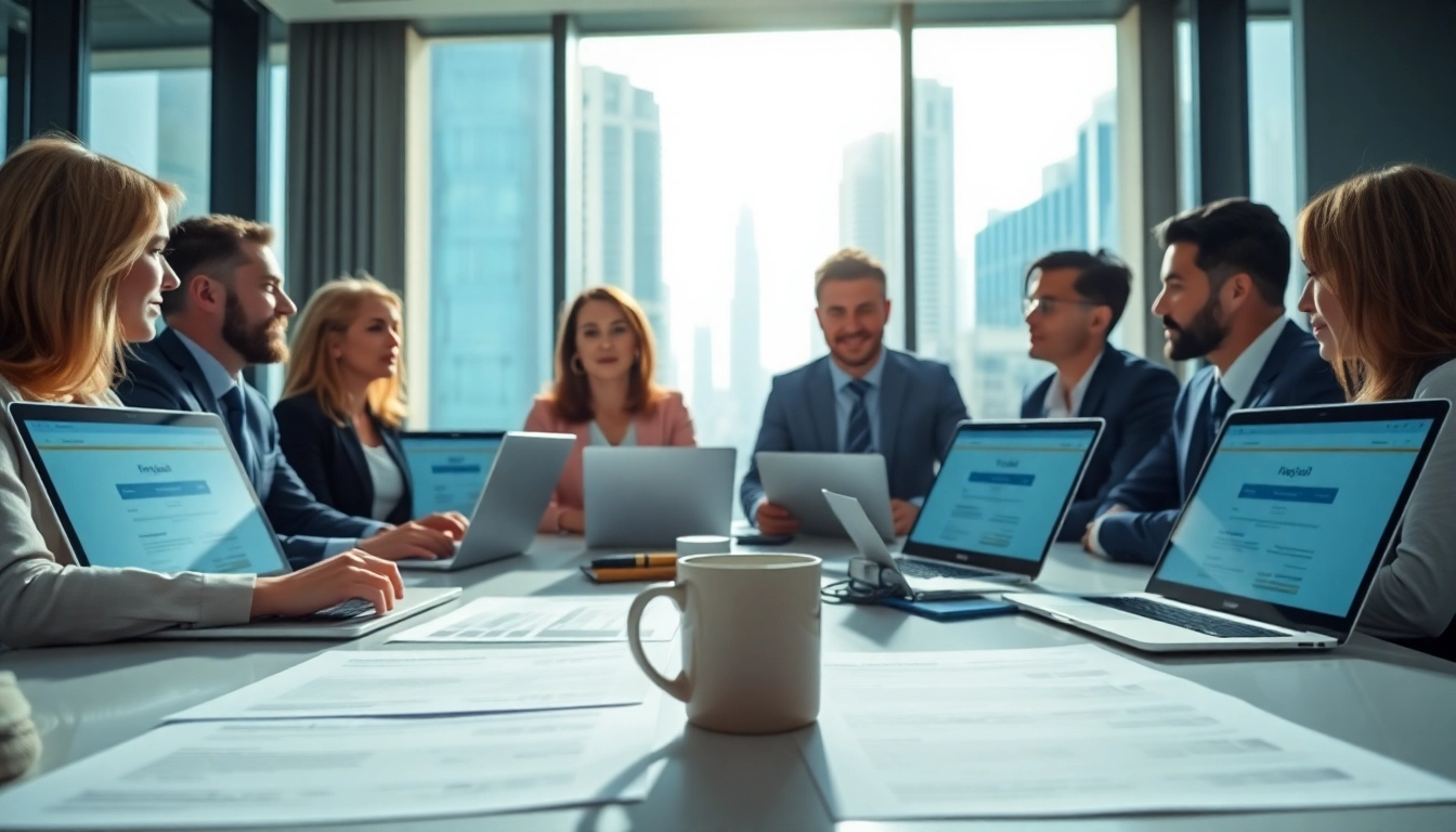 Business professionals discussing trademark registration in Dubai during a meeting.