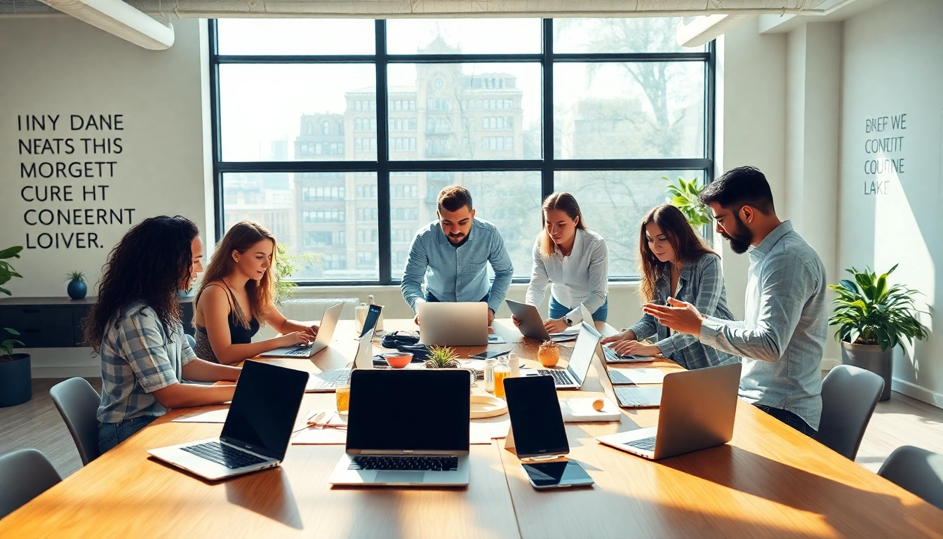 Content agency team collaborating in a bright workspace, enhancing creativity and productivity.